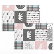 fearfully and wonderfully made - pink, grey, aviary blue - 3 color plaid patchwork fabric (90)