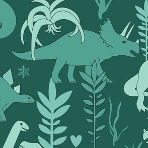 LARGE Cute dinosaurs and tillandsias succulents. Dino and plants fabric. Green.2