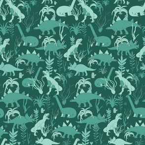 MEDIUM Cute dinosaurs and tillandsias succulents. Dino and plants fabric. Green.