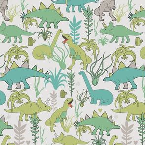 BIG Cute dinosaurs and tillandsias succulents. Dino and plants fabric. Large