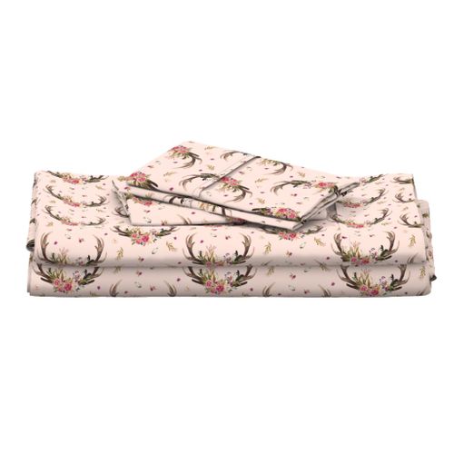 Antlers & Flowers (baby pink) - Pink Floral Feathers Deer Antler Baby Girl Nursery Bedding (ROTATED)