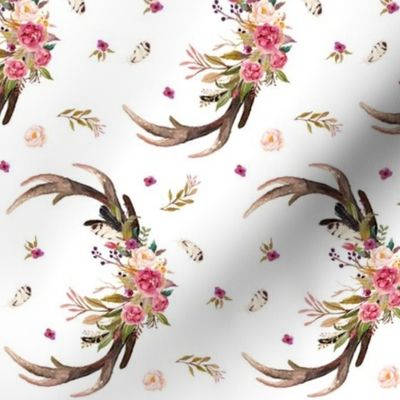 Antlers & Flowers (ROTATED) - Pink Floral Feathers Deer Antler Baby Girl Nursery Crib Sheets Bedding