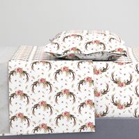 Antlers & Flowers (ROTATED) - Pink Floral Feathers Deer Antler Baby Girl Nursery Crib Sheets Bedding