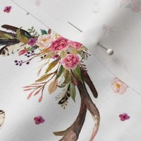Antlers & Flowers (ROTATED) - Pink Floral Feathers Deer Antler Baby Girl Nursery Crib Sheets Bedding