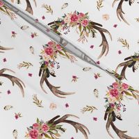 Antlers & Flowers (ROTATED) - Pink Floral Feathers Deer Antler Baby Girl Nursery Crib Sheets Bedding