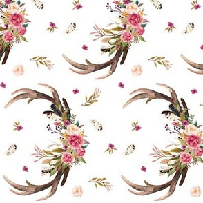 Antlers & Flowers (ROTATED) - Pink Floral Feathers Deer Antler Baby Girl Nursery Crib Sheets Bedding