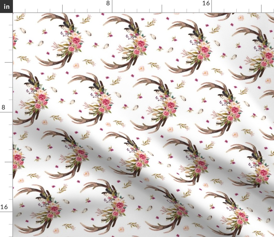 Antlers & Flowers (ROTATED) - Pink Floral Feathers Deer Antler Baby Girl Nursery Crib Sheets Bedding