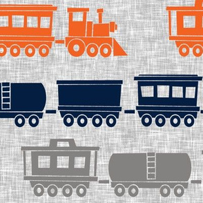 (jumbo scale) multi trains - grey, navy, orange on grey linen
