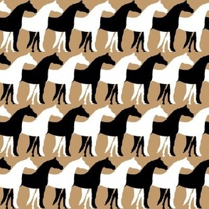 Two Inch Black and White Overlapping Horses on Camel Brown