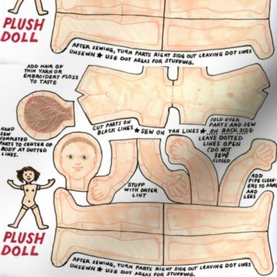 Small fabric doll pattern and parts