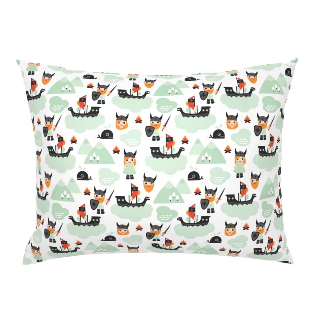 Cute kids historical hero theme viking battle ship whale and scandinavian woodland in mint and orange gender neutral