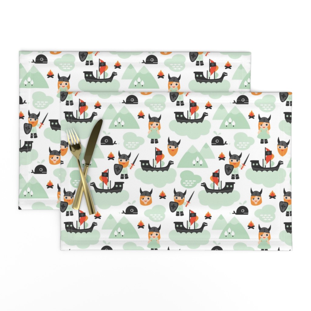 Cute kids historical hero theme viking battle ship whale and scandinavian woodland in mint and orange gender neutral