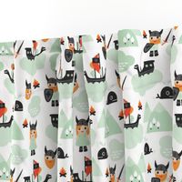 Cute kids historical hero theme viking battle ship whale and scandinavian woodland in mint and orange gender neutral