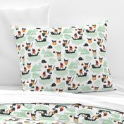 Cute kids historical hero theme viking battle ship whale and scandinavian woodland in mint and orange gender neutral