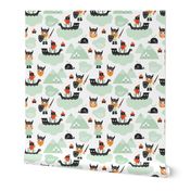 Cute kids historical hero theme viking battle ship whale and scandinavian woodland in mint and orange gender neutral