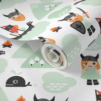 Cute kids historical hero theme viking battle ship whale and scandinavian woodland in mint and orange gender neutral