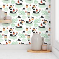 Cute kids historical hero theme viking battle ship whale and scandinavian woodland in mint and orange gender neutral