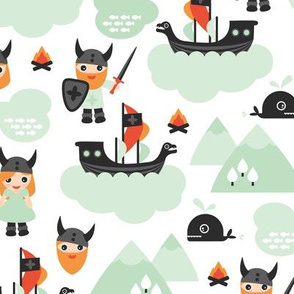 Cute kids historical hero theme viking battle ship whale and scandinavian woodland in mint and orange gender neutral
