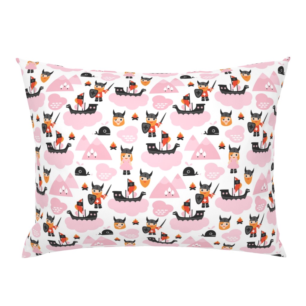 Cute kids historical hero theme viking battle ship whale and scandinavian woodland in pink and orange for girls