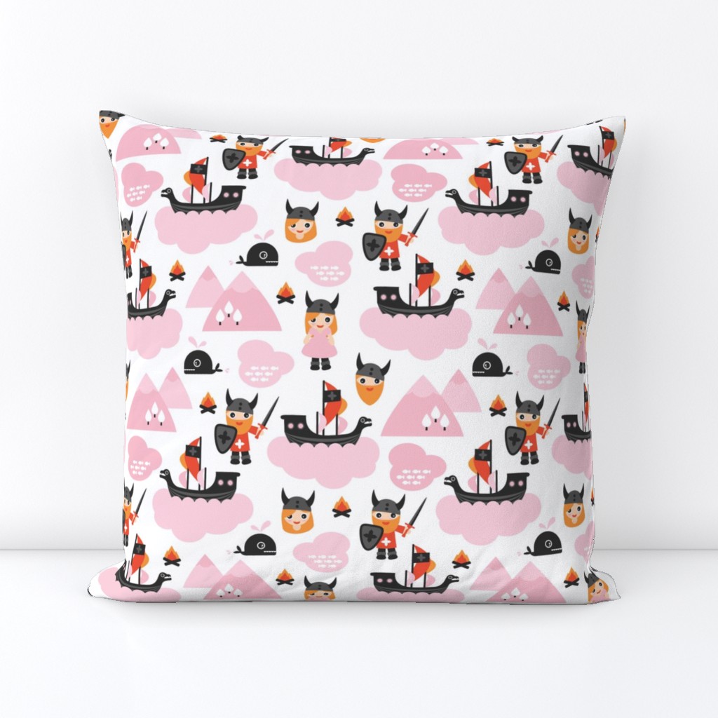 Cute kids historical hero theme viking battle ship whale and scandinavian woodland in pink and orange for girls