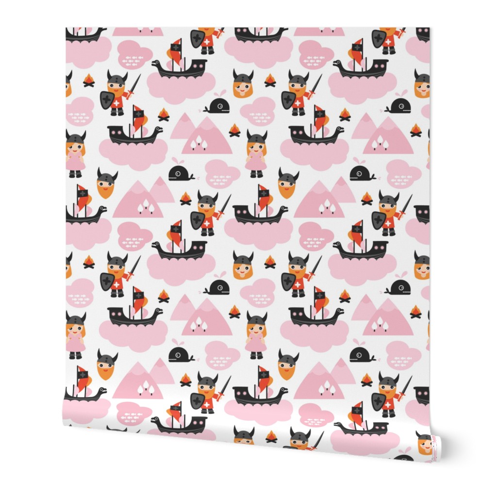 Cute kids historical hero theme viking battle ship whale and scandinavian woodland in pink and orange for girls