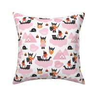 Cute kids historical hero theme viking battle ship whale and scandinavian woodland in pink and orange for girls