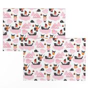 Cute kids historical hero theme viking battle ship whale and scandinavian woodland in pink and orange for girls