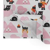 Cute kids historical hero theme viking battle ship whale and scandinavian woodland in pink and orange for girls