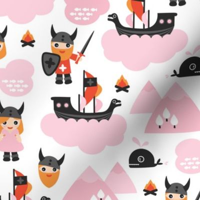 Cute kids historical hero theme viking battle ship whale and scandinavian woodland in pink and orange for girls