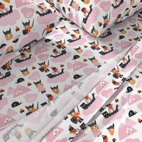 Cute kids historical hero theme viking battle ship whale and scandinavian woodland in pink and orange for girls