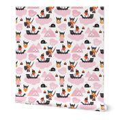 Cute kids historical hero theme viking battle ship whale and scandinavian woodland in pink and orange for girls