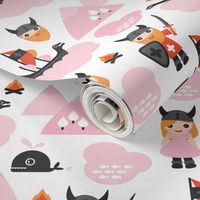 Cute kids historical hero theme viking battle ship whale and scandinavian woodland in pink and orange for girls