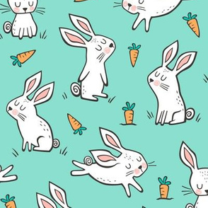 Bunnies Rabbits & Carrots On Mint Green