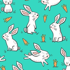 Bunnies Rabbits & Carrots On Green