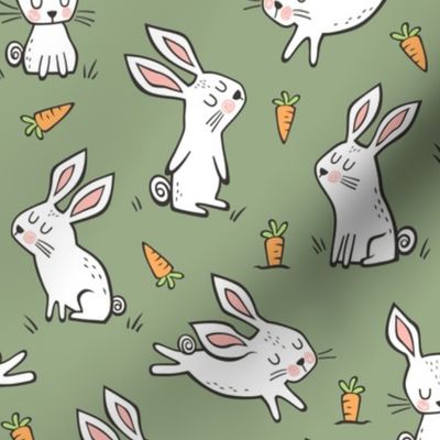 Bunnies Rabbits & Carrots On Olive Green