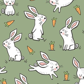 Bunnies Rabbits & Carrots On Olive Green