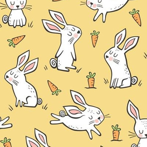 Bunnies Rabbits & Carrots On Yellow