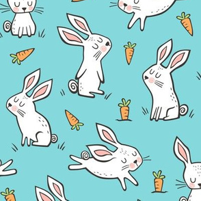 Bunnies Rabbits & Carrots On Light Blue