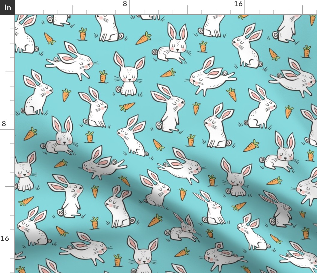 Bunnies Rabbits & Carrots On Light Blue