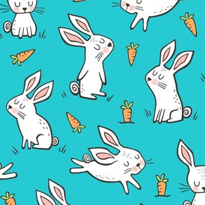 Bunnies Rabbits & Carrots On Blue