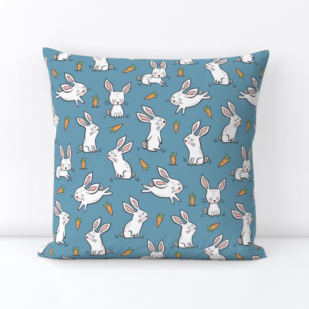 Bunnies Rabbits & Carrots On Dark Blue