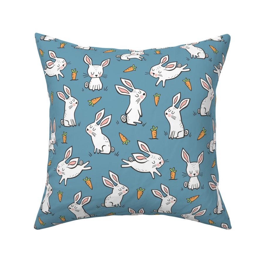 Bunnies Rabbits & Carrots On Dark Blue