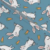 Bunnies Rabbits & Carrots On Dark Blue