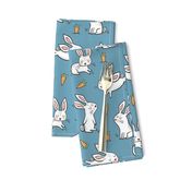 Bunnies Rabbits & Carrots On Dark Blue