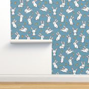 Bunnies Rabbits & Carrots On Dark Blue