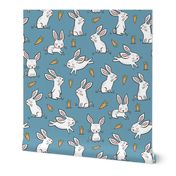 Bunnies Rabbits & Carrots On Dark Blue