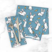 Bunnies Rabbits & Carrots On Dark Blue