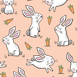 Bunnies Rabbits & Carrots On Peach