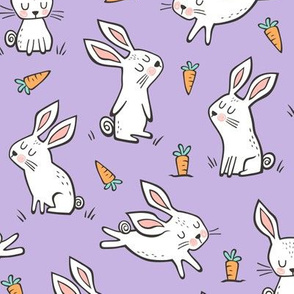 Bunnies Rabbits & Carrots On Violet Purple