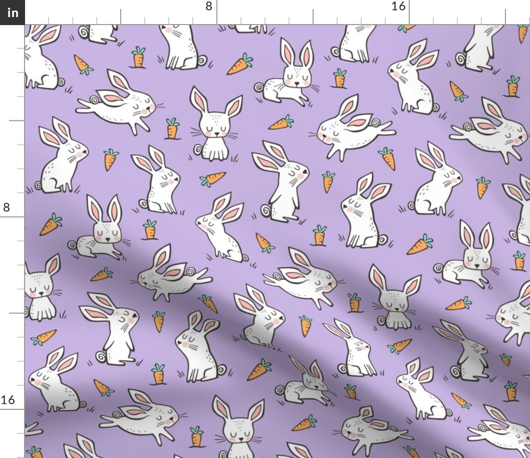 Bunnies Rabbits & Carrots On Violet Purple
